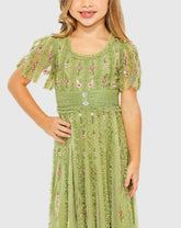 Green Girls Ruffle Flutter Sleeve Floral Mini Dress